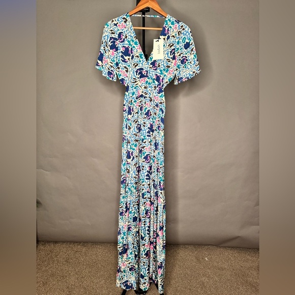 ba&sh NWT Ova Maxi Dress Floral Print Open-Back Backless Flowy Blue White XS / 0 - Picture 4 of 11